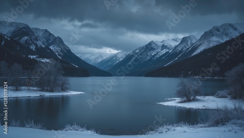 Wallpaper Mural Snowy mountain landscape with a tranquil lake reflecting dark clouds in a cold, atmospheric setting. Winter scenery in blue tones. Torontodigital.ca