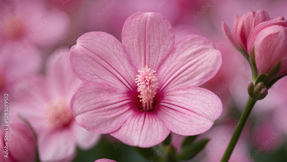 Pink flower in full bloom displaying delicate petals and intricate details with blurred background filled with similar flowers. Pink flower in full bloom displaying delicate petals and intricate details with blurred background filled with similar flowers.