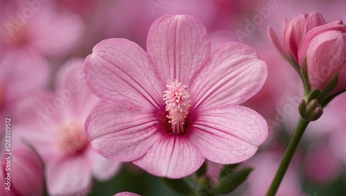 Pink flower in full bloom displaying delicate petals and intricate details with blurred background filled with similar flowers.