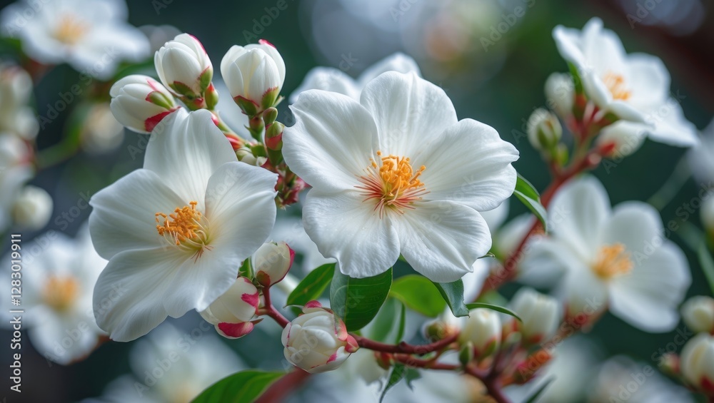 White flowers with yellow center and green leaves on a natural blurred background in a close-up view. White flowers with yellow center and green leaves on a natural blurred background in a close-up view.