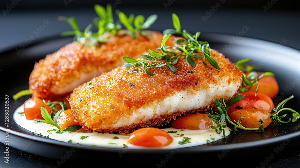Golden crispy breaded fish fillet on matte black plate garnished with fresh herbs and cherry tomatoes, creating vibrant and appetizing presentation Golden crispy breaded fish fillet on matte black plate garnished with fresh herbs and cherry tomatoes, creating vibrant and appetizing presentation