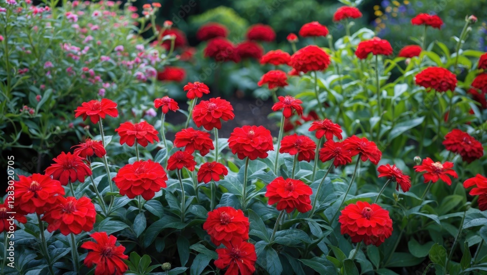 Vibrant red flowers blooming abundantly in a lush garden creating a stunning and colorful landscape scene Vibrant red flowers blooming abundantly in a lush garden creating a stunning and colorful landscape scene