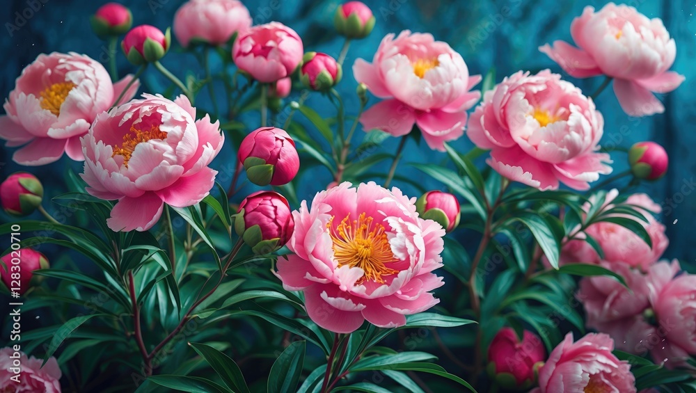 Pink peony flowers in full bloom with green leaves and buds on a textured blue background Pink peony flowers in full bloom with green leaves and buds on a textured blue background