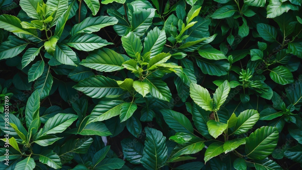 Dense green foliage with varying leaf shapes and sizes creating a natural textured background. Dense green foliage with varying leaf shapes and sizes creating a natural textured background.