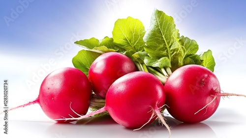 Radishes with green leaves isolated on a white background with soft lighting. Generative AI photo