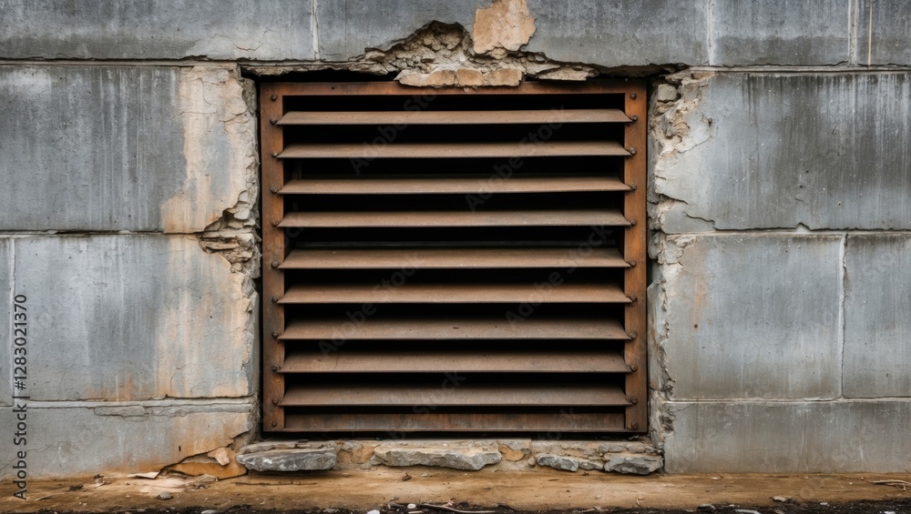 Rusty ventilation grill set in a weathered concrete wall with visible damage and peeling paint in an urban environment. Rusty ventilation grill set in a weathered concrete wall with visible damage and peeling paint in an urban environment.