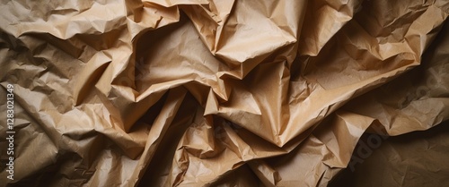 Crinkled textured brown paper background for design and art projects with natural light shadows photo