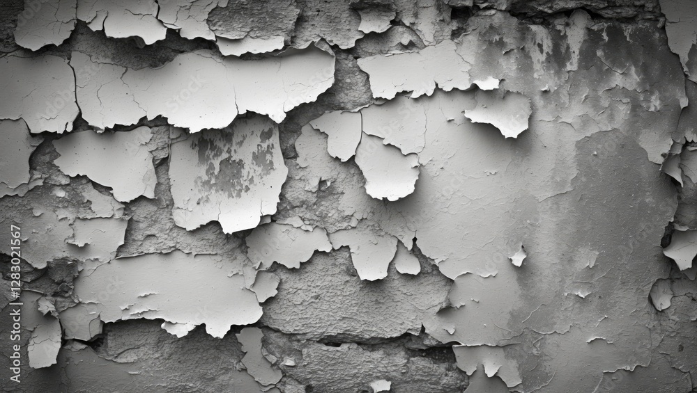 Obraz premium Abstract texture of peeling paint on a weathered wall in monochrome tones highlighting layers and patterns of degradation