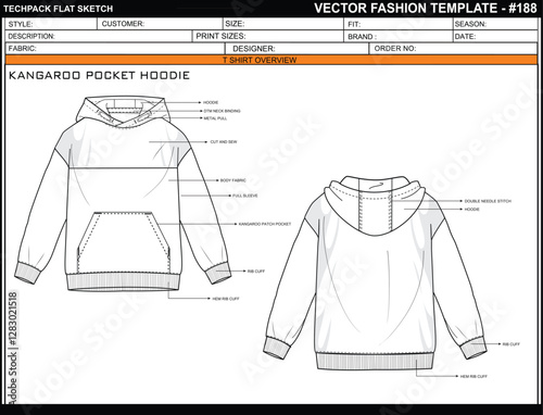 BOYS MENS HOODIE KANGAROO POCKET TEE FLAT SKETCH FASHION TEMPLATE TECHNICAL ILLUSTRATION