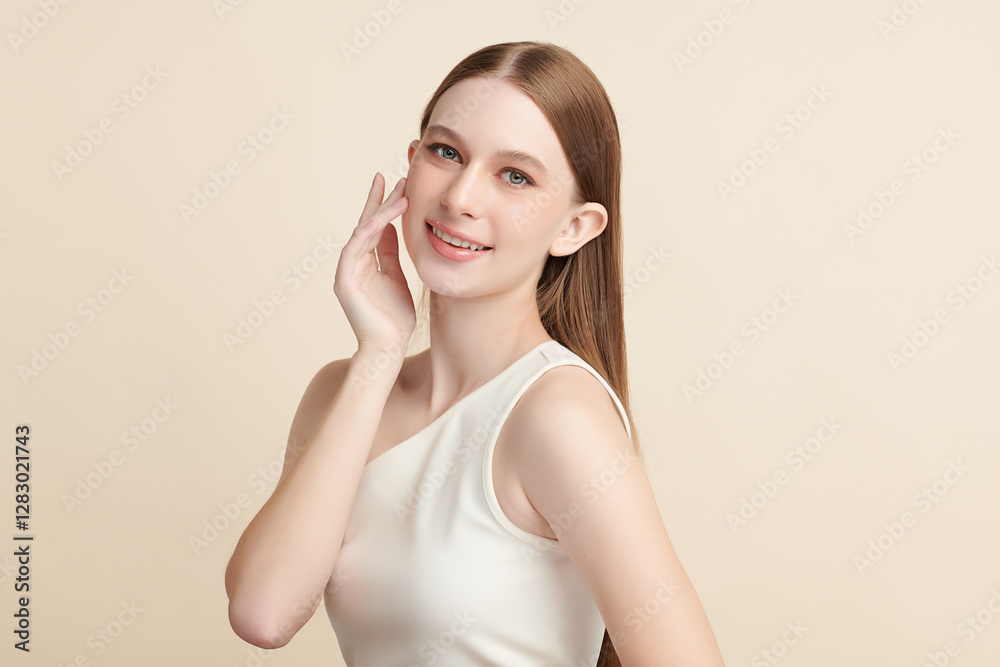 Beautiful young woman with clean fresh skin on beige background, Face care, Facial treatment, Cosmetology, beauty and spa, women portrait. Beautiful young woman with clean fresh skin on beige background, Face care, Facial treatment, Cosmetology, beauty and spa, women portrait.