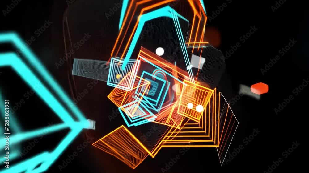 Abstract Geometric Digital Composition: An abstract, dynamic composition of glowing geometric shapes, creating a vibrant display of lines, forms, and colors, set against a dark background. Abstract Geometric Digital Composition: An abstract, dynamic composition of glowing geometric shapes, creating a vibrant display of lines, forms, and colors, set against a dark background.