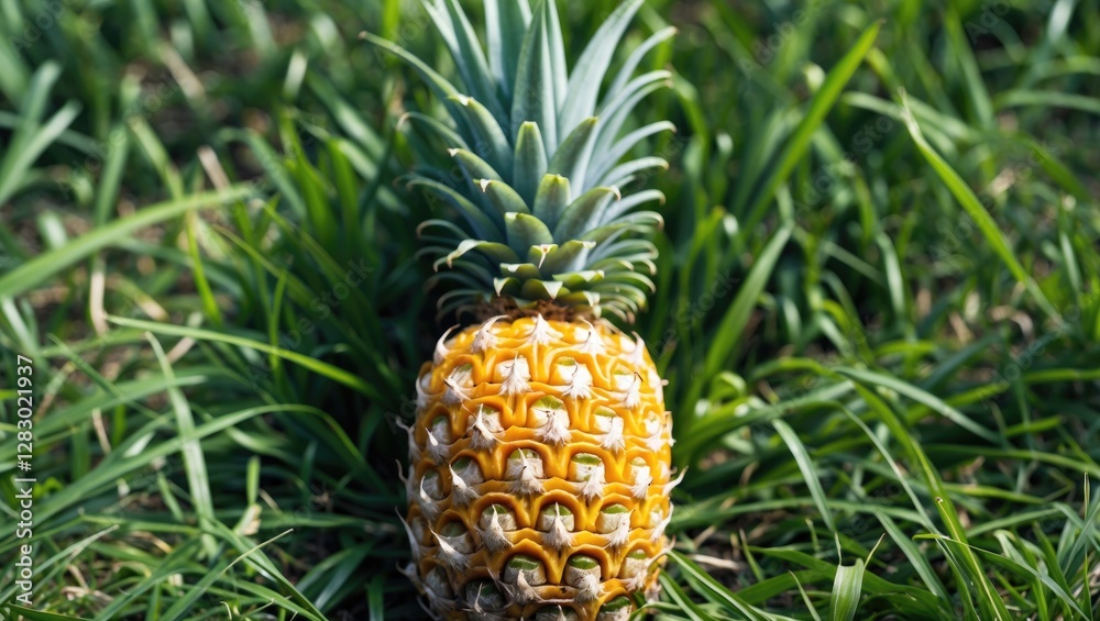 Fresh ripe pineapple on green grass with vibrant leaves and ground foliage in a natural outdoor setting. Fresh ripe pineapple on green grass with vibrant leaves and ground foliage in a natural outdoor setting.