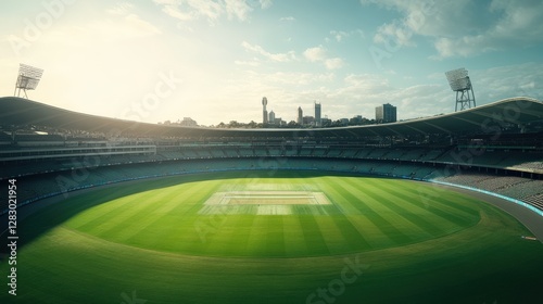 Sunlit Cricket Stadium City Skyline Background