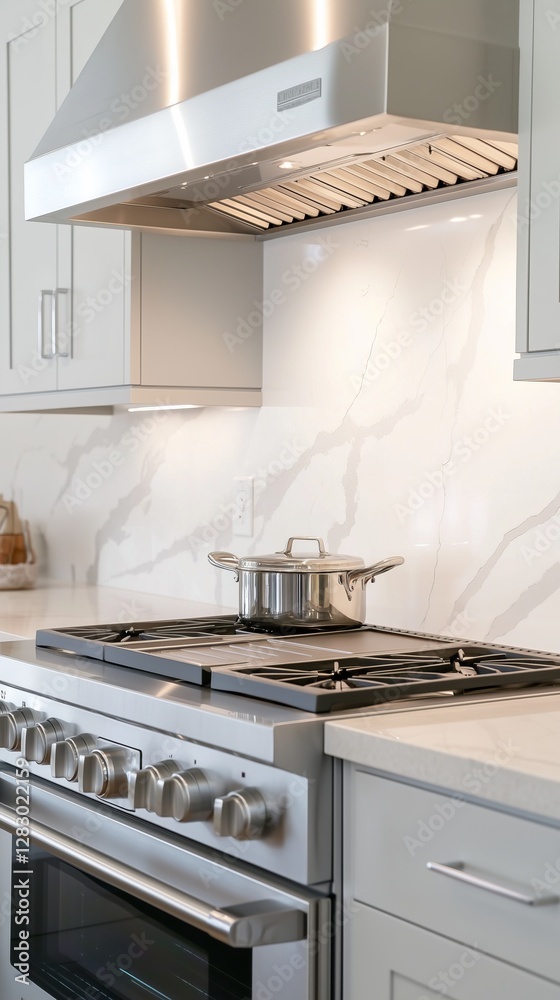 Stainless steel stove and hood in a bright, elegant kitchen setting, showcasing modern design and contemporary style. Stainless steel stove and hood in a bright, elegant kitchen setting, showcasing modern design and contemporary style.