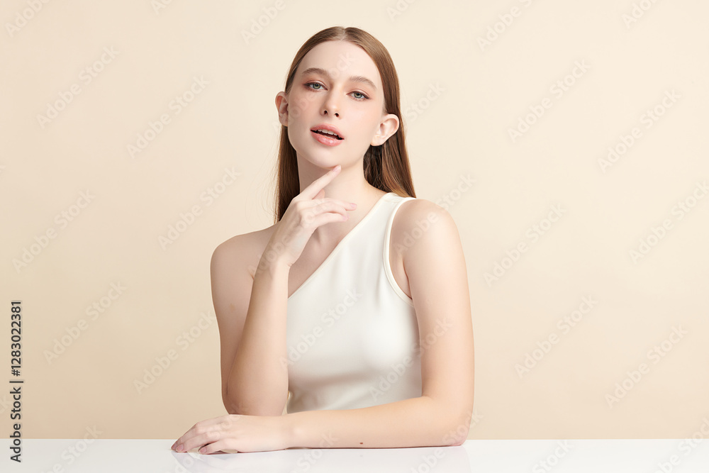 Beautiful young woman with clean fresh skin on beige background, Face care, Facial treatment, Cosmetology, beauty and spa, women portrait. Beautiful young woman with clean fresh skin on beige background, Face care, Facial treatment, Cosmetology, beauty and spa, women portrait.