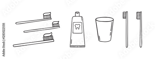 Toothpaste, toothbrush, dental cleaning equipment doodle hand drawn icon. Outline drawing toothpaste, toothbrush, line clipart symbol