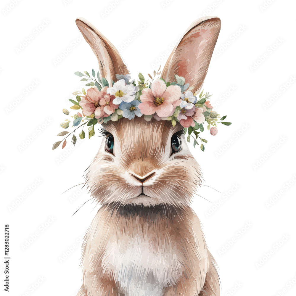 Fototapeta premium Adorable Rabbit with Floral Crown on Its Head in a Whimsical Style for Spring Celebrations