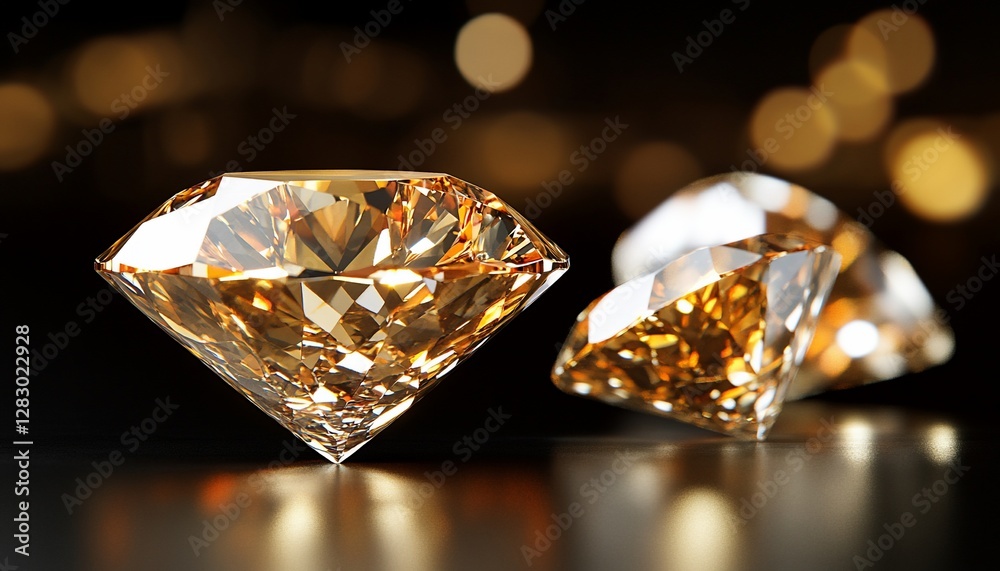 Two Sparkling Amber Diamonds on Black Reflective Surface Two Sparkling Amber Diamonds on Black Reflective Surface