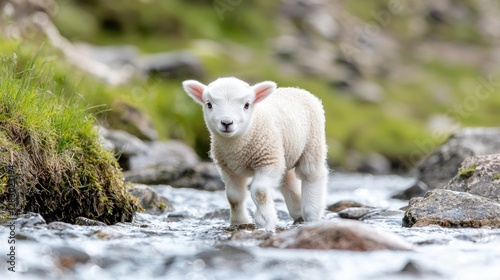 Lamb crossing stream, spring hillside, nature