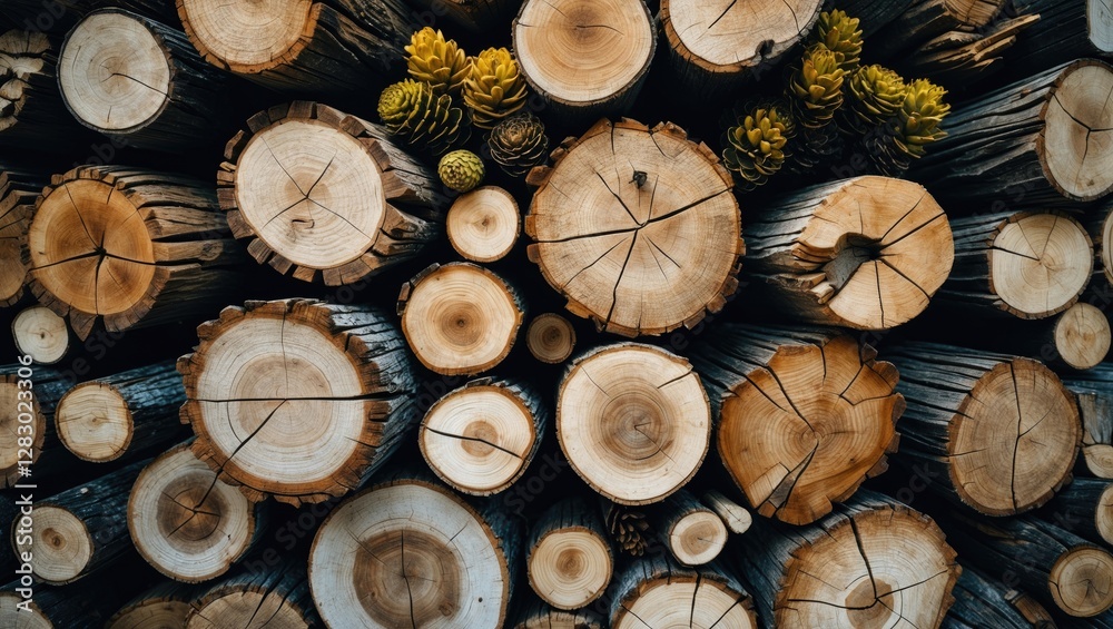 Close-up view of assorted tree stump cross-sections and natural elements such as pinecones arranged on wooden surface Close-up view of assorted tree stump cross-sections and natural elements such as pinecones arranged on wooden surface