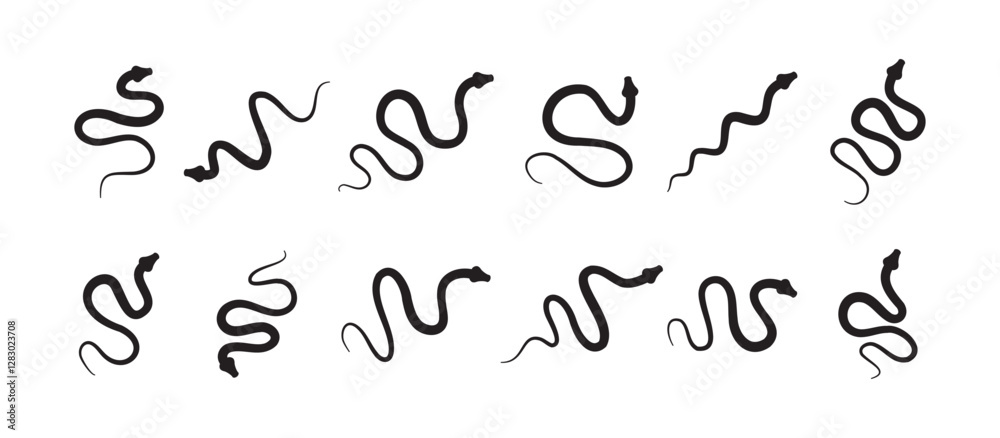 Black silhouette snake icon set. Isolated snake symbol on white background. Abstract snake sign Black silhouette snake icon set. Isolated snake symbol on white background. Abstract snake sign