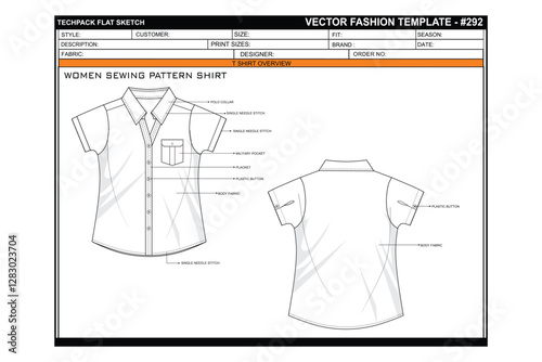 WOMEN SEWING PATTERN SHIRT COLLAR SHORT SLEEVE SKETCH FASHION TEMPLATE TECHNICAL DRAWING ILLUSTRATION