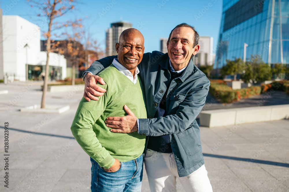 Two senior friends enjoying a sunny day in the city Two senior friends enjoying a sunny day in the city