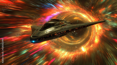 A spaceship traveling through a wormhole, with swirling colors and cosmic energy, in a dramatic sci-fi style, realistic photo