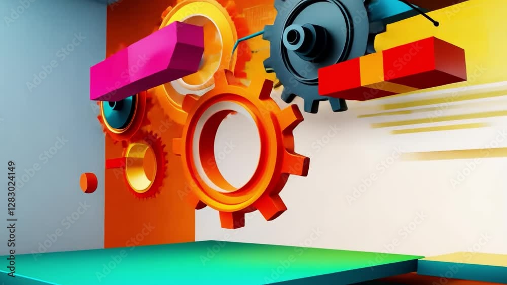 Mechanical gears and elements: An abstract visual representation with an ensemble of mechanical gears and geometric components forming an interconnected network with an array of colours.