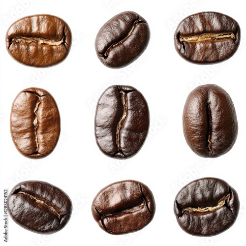 A variety of macro shots of coffee beans, isolated on a white background - Generative AI