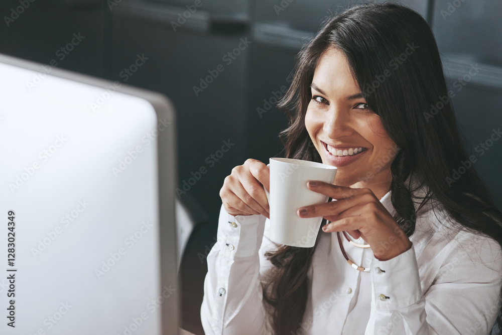 Portrait, business and woman with coffee, computer and espresso for morning, start day and pride. Face, person and journalist in modern office, caffeine and mug with mocha brew, smile or professional Portrait, business and woman with coffee, computer and espresso for morning, start day and pride. Face, person and journalist in modern office, caffeine and mug with mocha brew, smile or professional