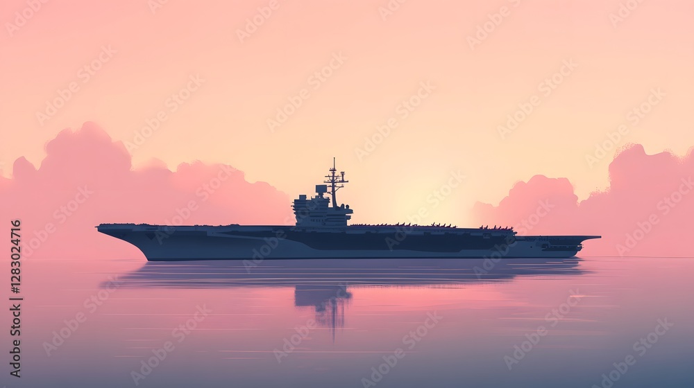 Obraz premium Sleek silhouette of ship, modern vessel gliding across serene water at sunset, ideal for themes of adventure and tranquility.