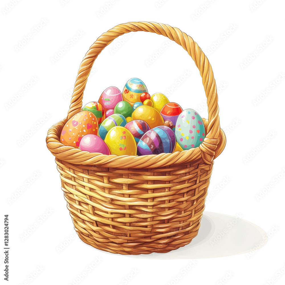Fototapeta premium Colorful Easter Eggs in Woven Basket Surrounded by Spring-themed Decor and Natural Light