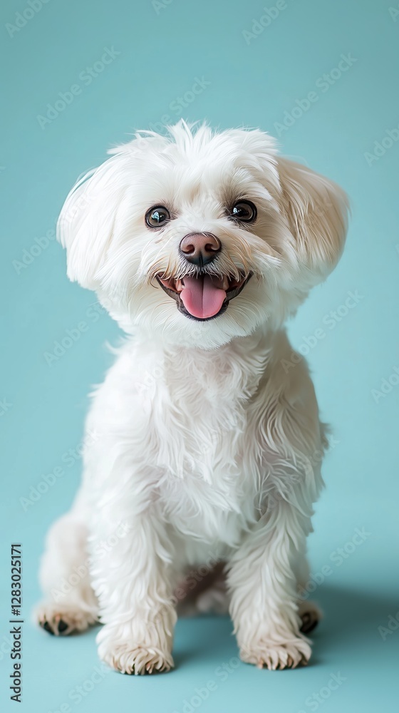 Adorable white Maltese dog with a joyful expression sits against a blue background, showcasing its fluffy coat and cute demeanor. Adorable white Maltese dog with a joyful expression sits against a blue background, showcasing its fluffy coat and cute demeanor.