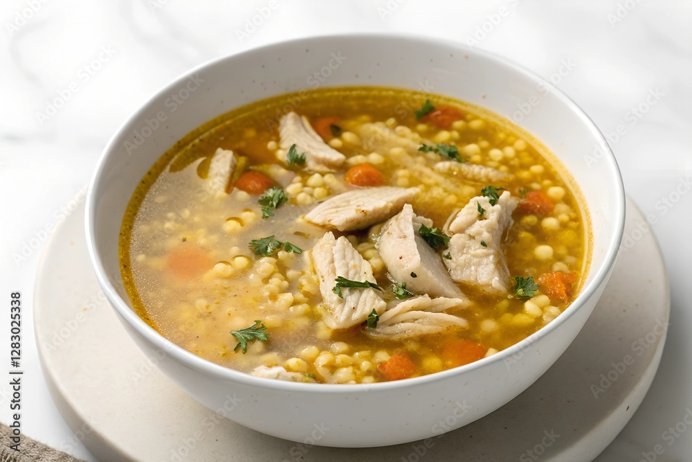 chicken pastina soup in a white bowl chicken pastina soup in a white bowl