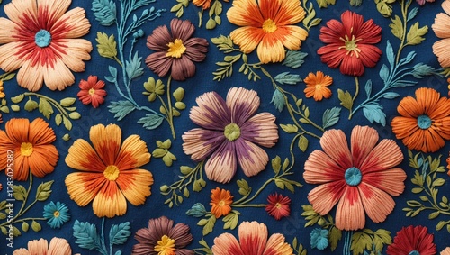 Colorful floral embroidery pattern on dark blue fabric with various flower designs and green foliage elements. photo