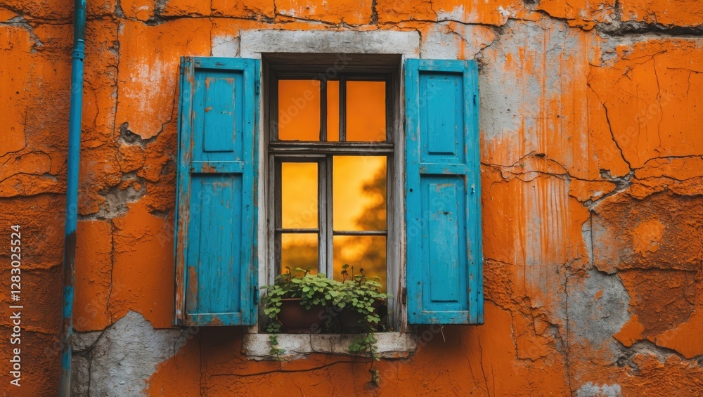 abandoned house window with blue shutters and potted plants on orange cracked wall at sunset reflection abandoned house window with blue shutters and potted plants on orange cracked wall at sunset reflection