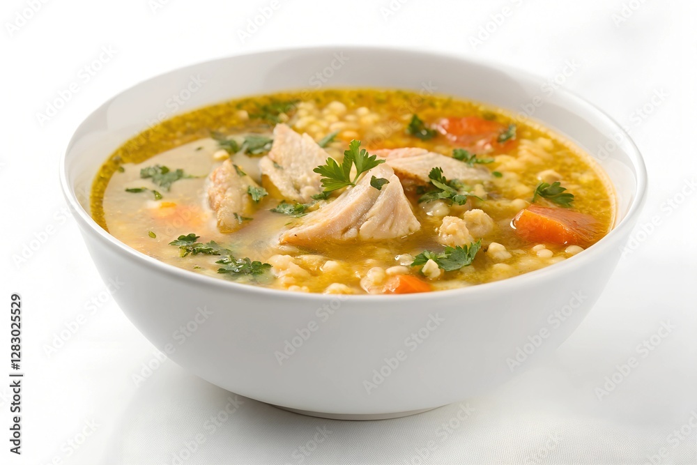 chicken pastina soup in a white bowl chicken pastina soup in a white bowl