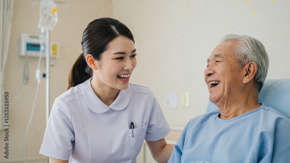 Fototapeta premium A nurse laughing with an elderly patient in a cheerful hospital room.