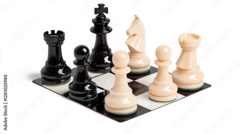 Close-up of a strategic chess game with multiple pieces isolated white background. Generative AI