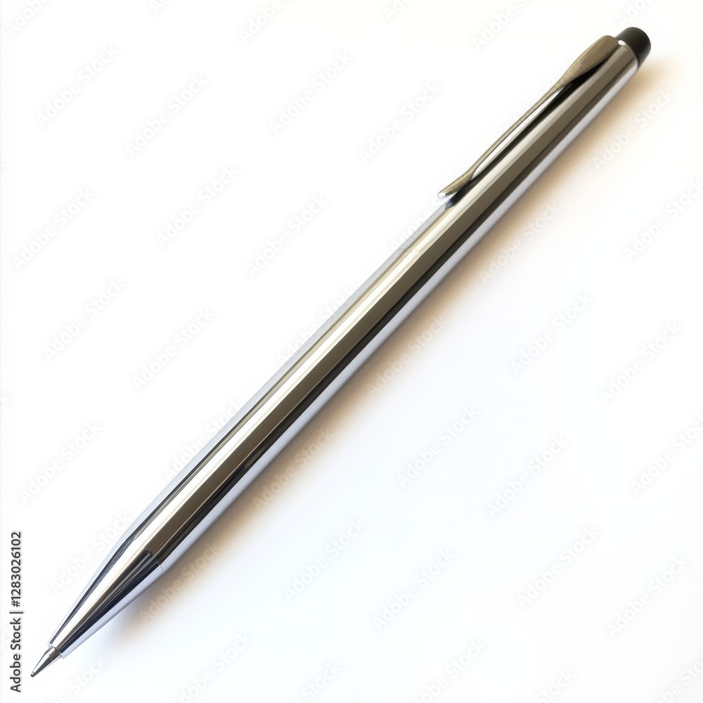 Elegant Chrome Pen on White Background - Minimalist Stationery for Writing and Office Use