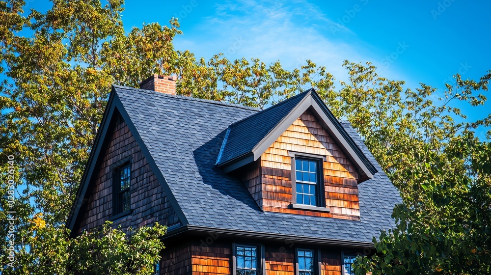 A house featuring a slanted roof with a small attic window, designed with roof shingles A house featuring a slanted roof with a small attic window, designed with roof shingles