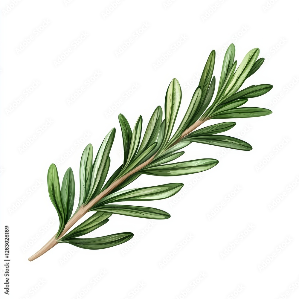Fototapeta premium Fresh Rosemary Sprig Isolated on White Background - Illustration for Culinary Herbs and Aromatic Gardens.