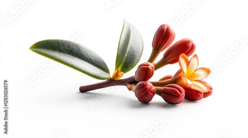 Beautiful Plumeria Blossom with Leaves Isolated on White Background. Generative AI photo