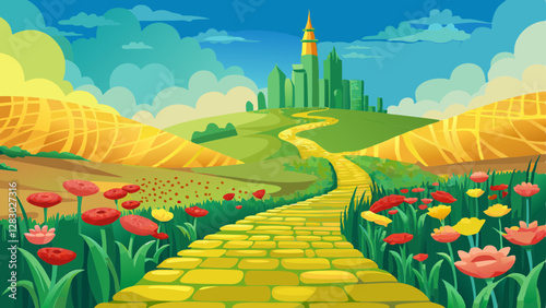 Yellow brick road leading through poppy field to green emerald city in the distance. Wizard of Oz concept.