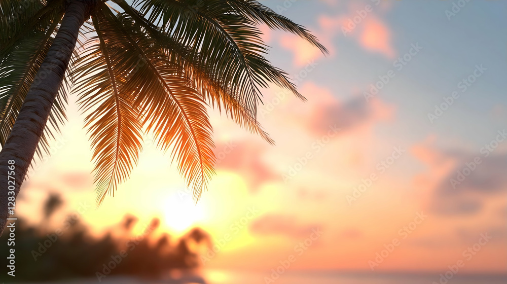 Fototapeta premium Tropical sunset beach palm trees idyllic ocean background; perfect for travel brochures, websites, and vacation-themed designs
