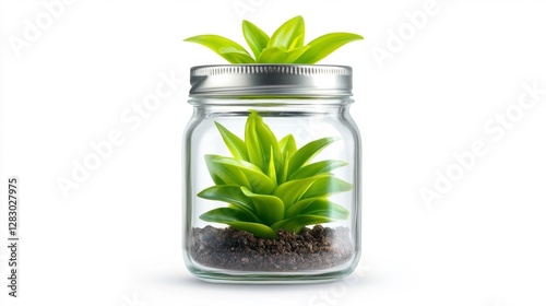 Artificial succulent plant in jar with soil isolated on white background. Generative AI photo