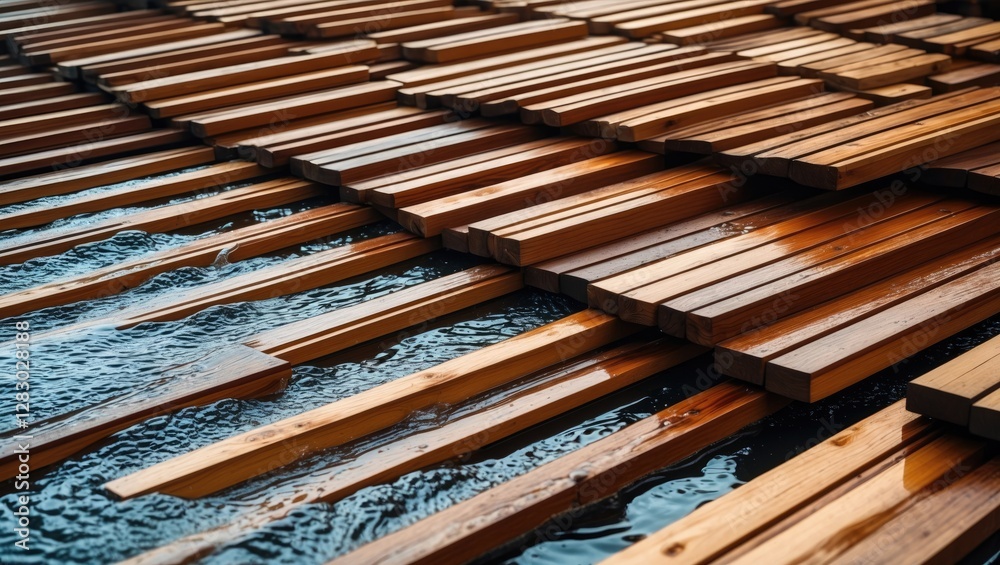 Wooden planks floating on water surface creating a textured pattern with reflections in natural lighting Wooden planks floating on water surface creating a textured pattern with reflections in natural lighting