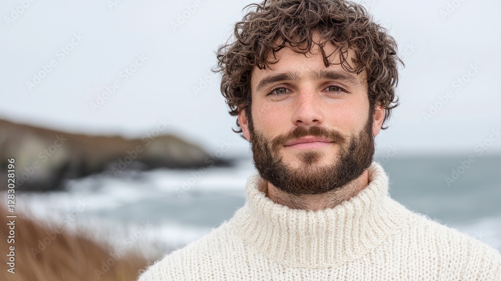 Man, coastal portrait, serene ocean, winter Man, coastal portrait, serene ocean, winter
