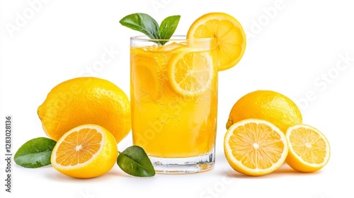 Refreshing lemon beverage with slices and leaves isolated on white background. Generative AI photo